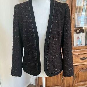 LAFAYETTE 148 New York Woman Tweed Jacket Blazer Leather Trim Snap Closure Sz 4